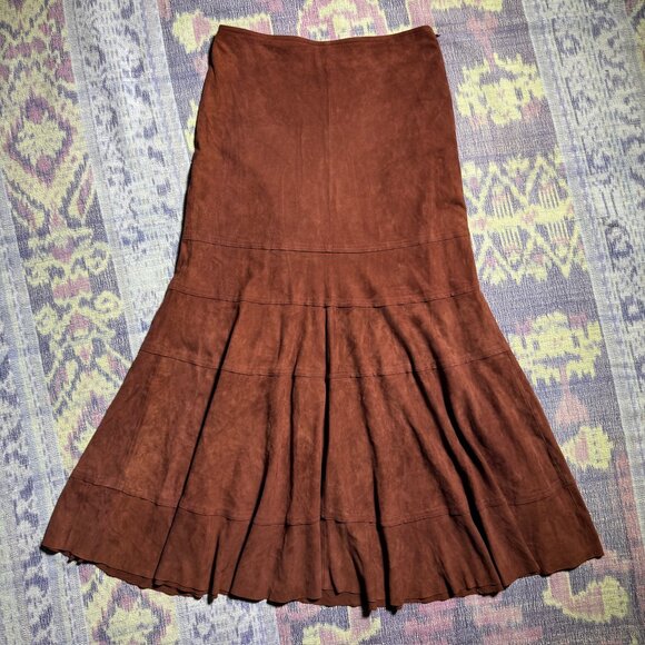 Vintage Leather Tiered Brown Flare Maxi Skirt Women's Size 8 - Picture 3 of 12